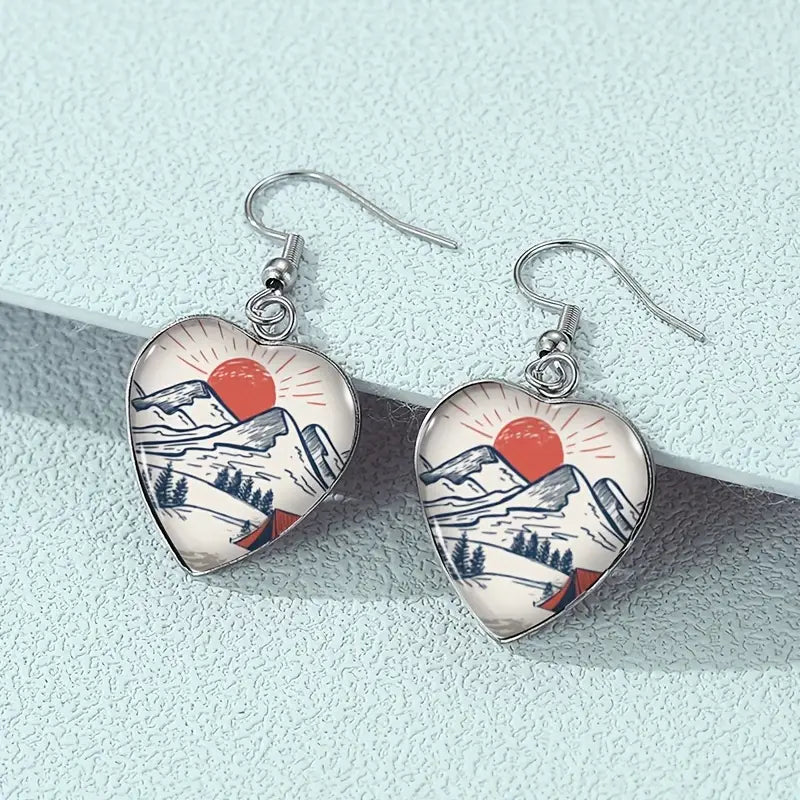 Mountain Scene Heart Shaped Earrings