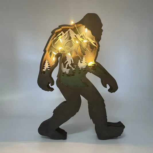 Sasquatch Wooden Figure with Inlaid Mountain Scene