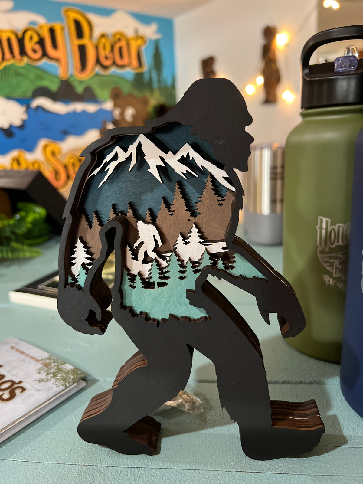 Sasquatch Wooden Figure with Inlaid Mountain Scene