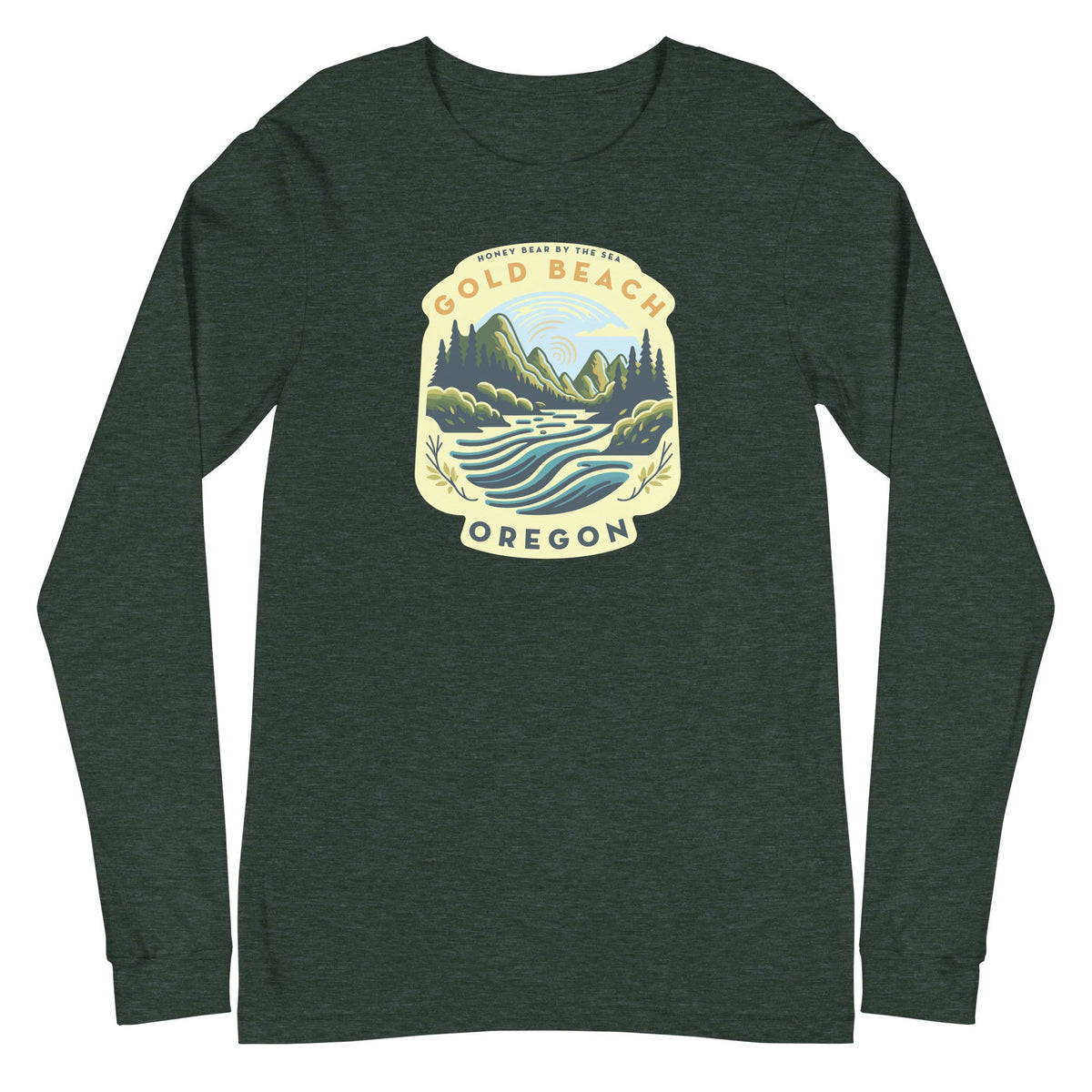 Honey Bear by the Sea Gold Beach, OR River Scene Badge Unisex Long Sleeve Tee