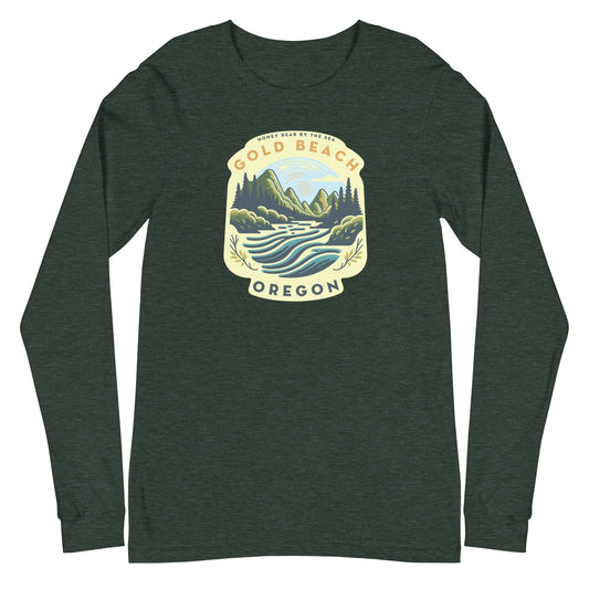 Honey Bear by the Sea Gold Beach, OR River Scene Badge Unisex Long Sleeve Tee