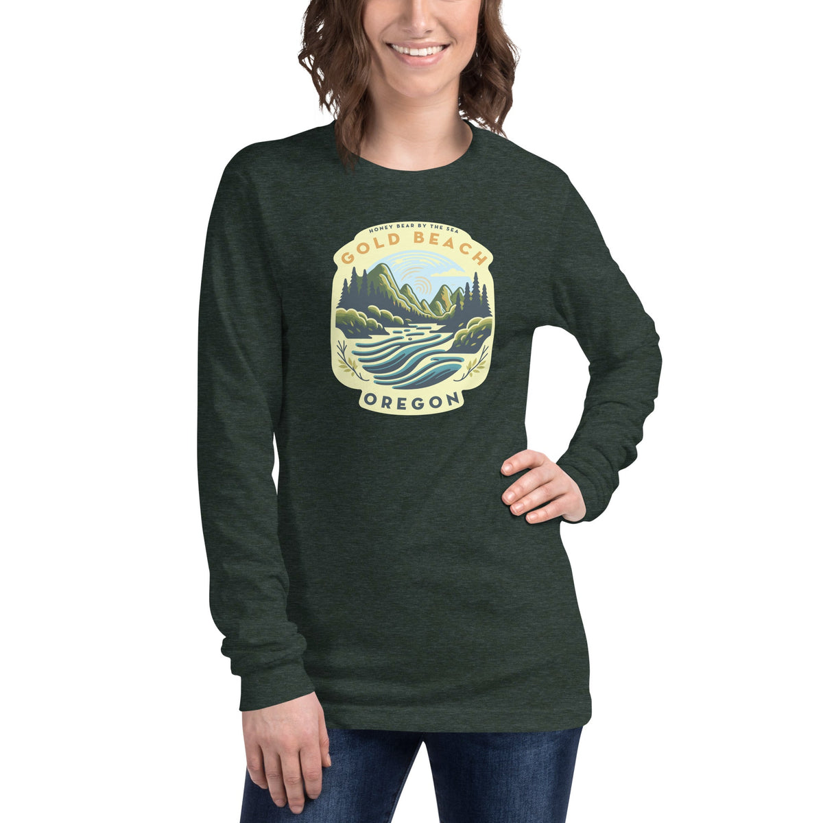 Honey Bear by the Sea Gold Beach, OR River Scene Badge Unisex Long Sleeve Tee