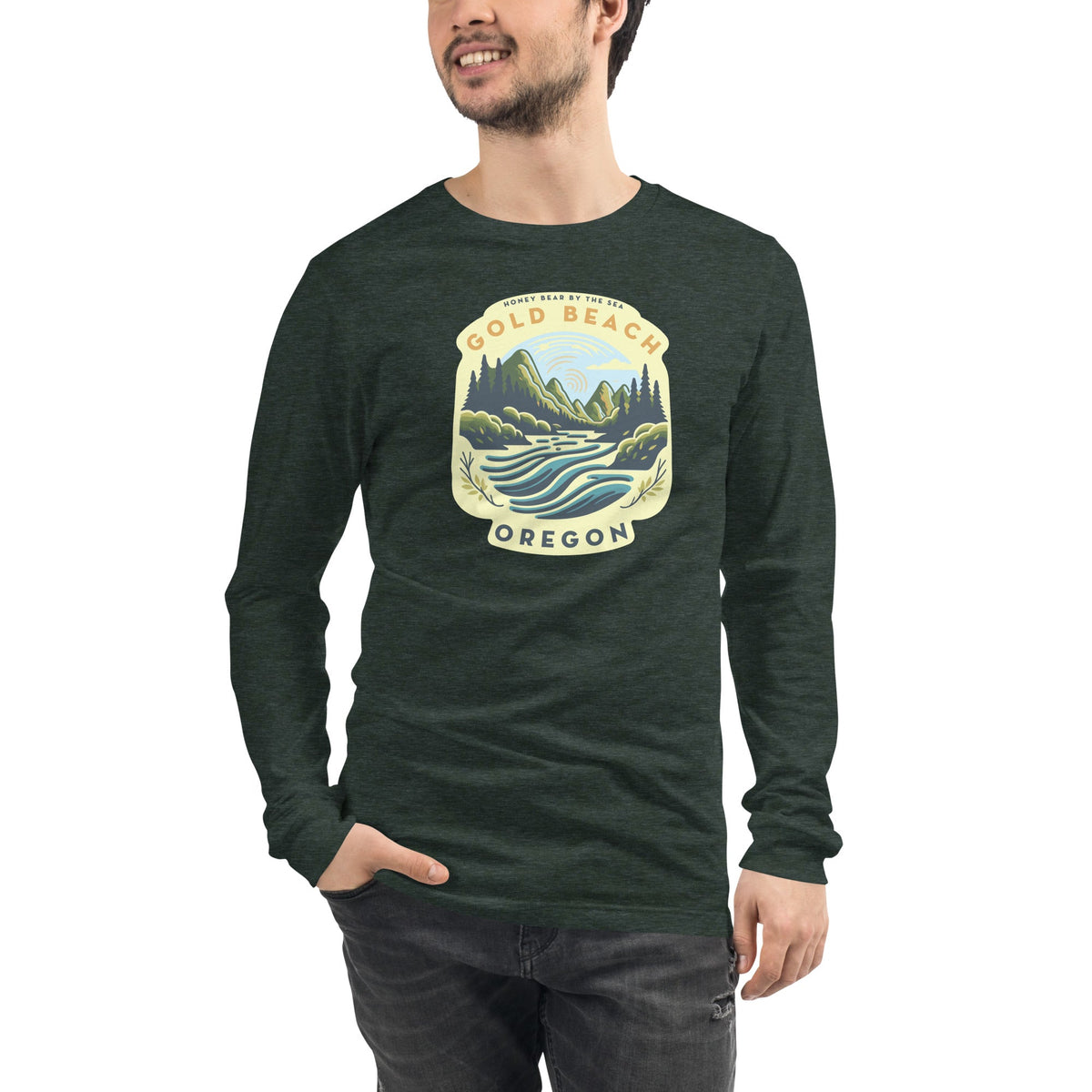 Honey Bear by the Sea Gold Beach, OR River Scene Badge Unisex Long Sleeve Tee
